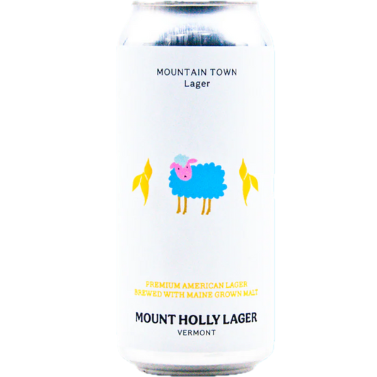 Stowe Public House & Bottle Shop Mount Holly Lager, a premium American lager brewed with Maine grown malt. Features a blue sheep illustration.