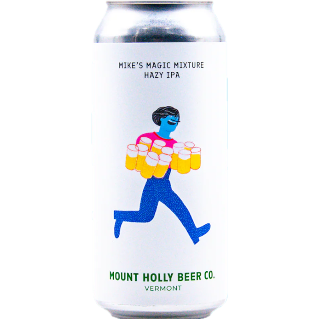 Mount Holly Beer Mike's Magic Mixture Hazy IPA can with a blue figure running and holding many beer mugs.