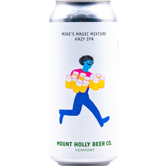 Mount Holly Beer Mike's Magic Mixture Hazy IPA can with a blue figure running and holding many beer mugs.