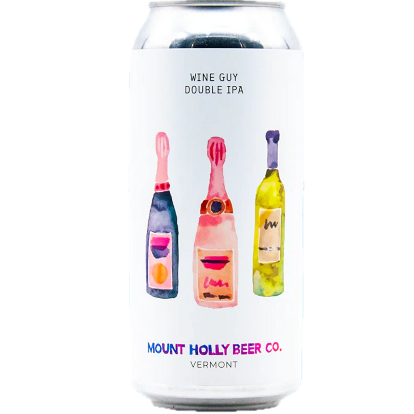 Stowe Public House & Bottle Shop Mount Holly Wine Guy Double IPA can with watercolor illustrations of wine bottles. Notes of peach, sweet lime, and tangelo.
