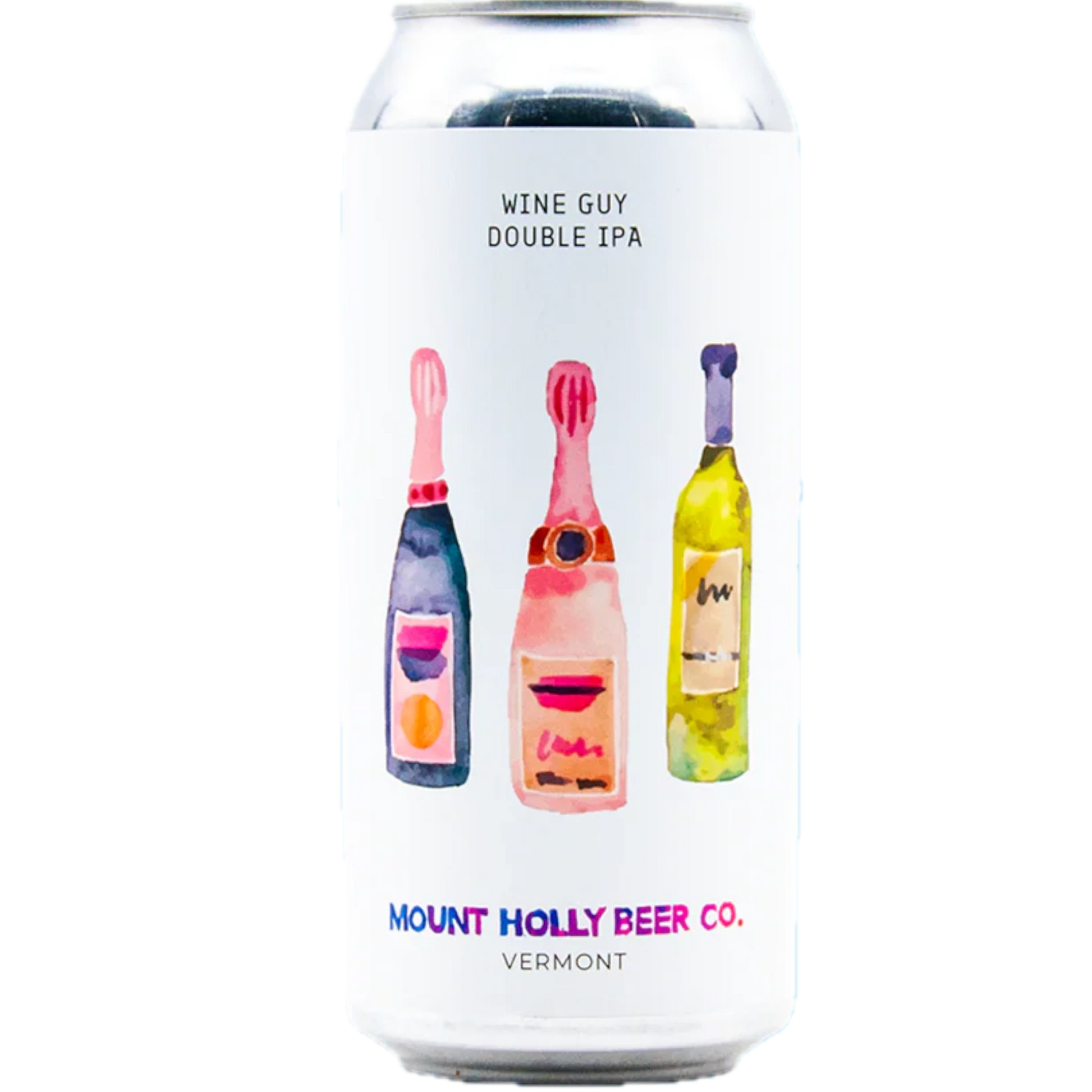 Stowe Public House & Bottle Shop Mount Holly Wine Guy Double IPA can with watercolor illustrations of wine bottles. Notes of peach, sweet lime, and tangelo.