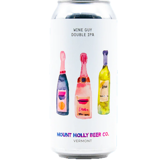 Stowe Public House & Bottle Shop Mount Holly Wine Guy Double IPA can with watercolor illustrations of wine bottles. Notes of peach, sweet lime, and tangelo.