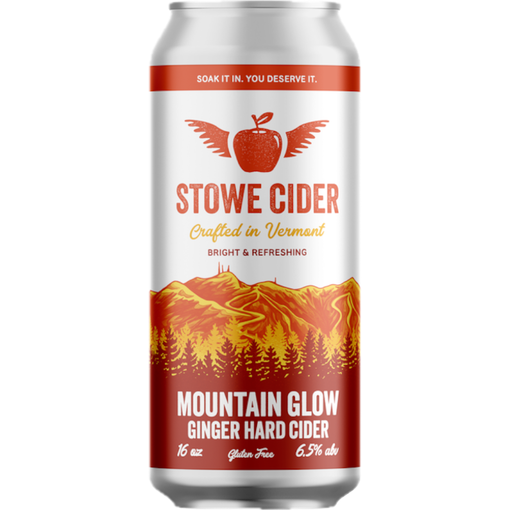 Stowe Public House & Bottle Shop Mountain Glow Ginger Hard Cider can with a winged apple logo and mountain landscape.