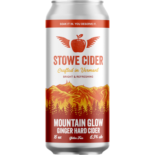 Stowe Public House & Bottle Shop Mountain Glow Ginger Hard Cider can with a winged apple logo and mountain landscape.