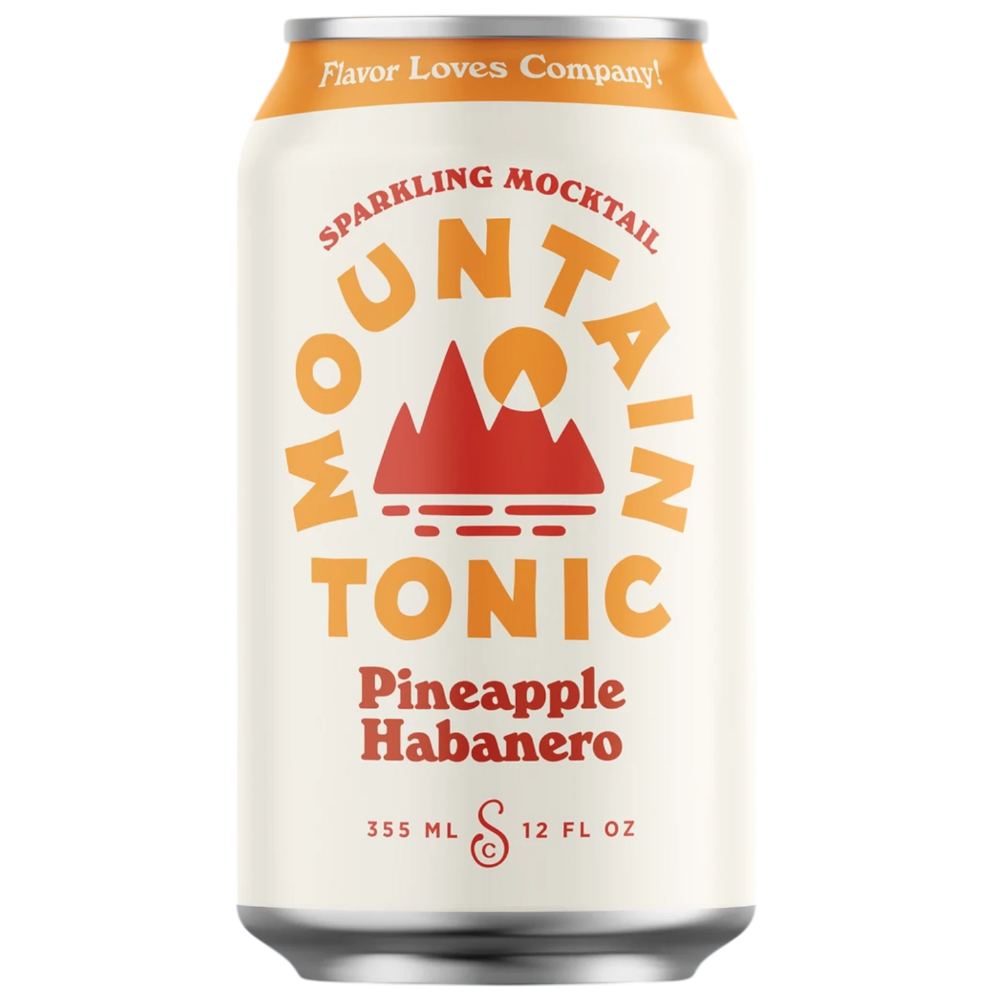 Stowe Public House & Bottle Shop Mountain Tonic Pineapple Habanero sparkling mocktail can. White can with orange and red mountain graphic.