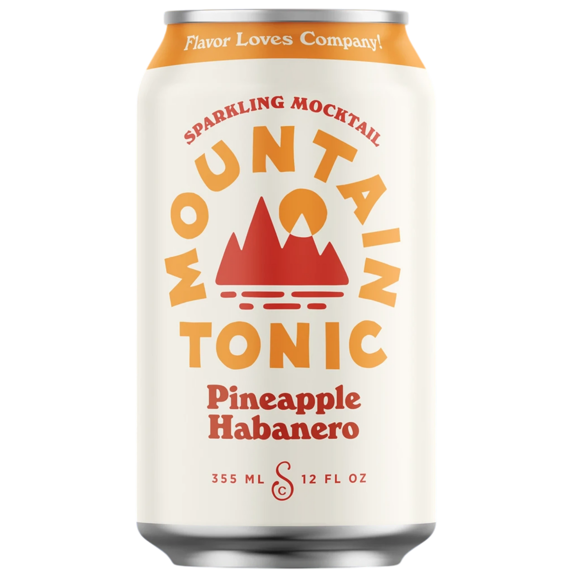 Stowe Public House & Bottle Shop Mountain Tonic Pineapple Habanero sparkling mocktail can. White can with orange and red mountain graphic.