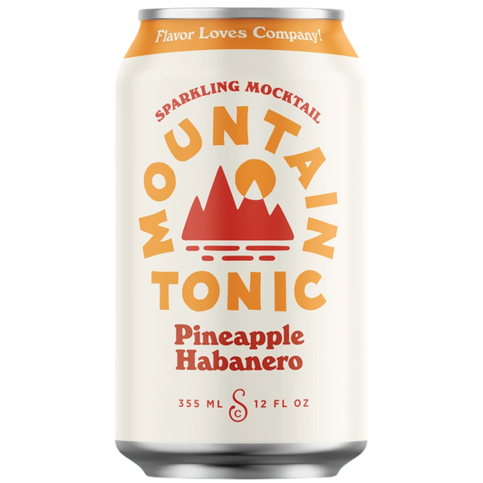 Stowe Public House & Bottle Shop Mountain Tonic Pineapple Habanero sparkling mocktail can. White can with orange and red mountain graphic.