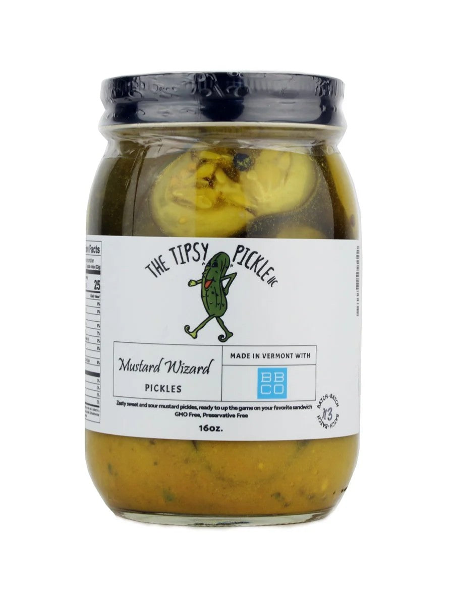 Stowe Public House & Bottle Shop's Tipsy Pickle Mustard Wizard pickles in a glass jar, featuring zesty sweet and sour mustard pickles.