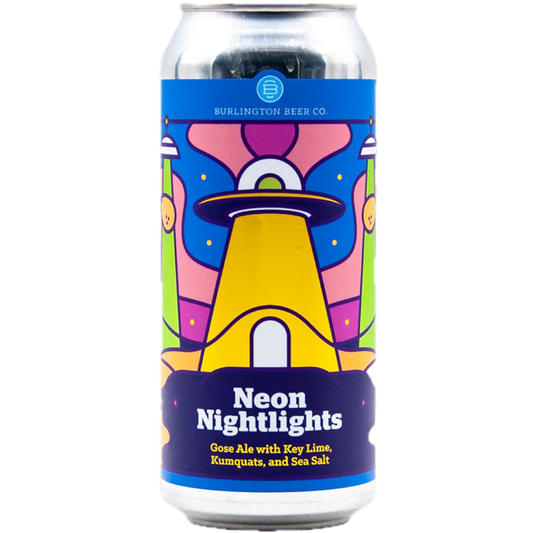 Stowe Public House & Bottle Shop Neon Nightlights Gose Ale can with key lime, kumquats, and sea salt. Features a colorful alien abduction design.
