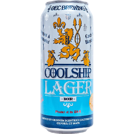 Stowe Public House & Bottle Shop OEC Brewing Coolship Lager can. White can with blue and gold accents, featuring a lion crest and text.