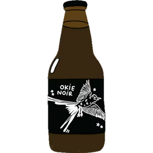 Stowe Public House & Bottle prairie artisan ales Okie Noir Bourbon Barrel Aged Imperial Stout blended with Brown Ale. Black label with white bird illustration.