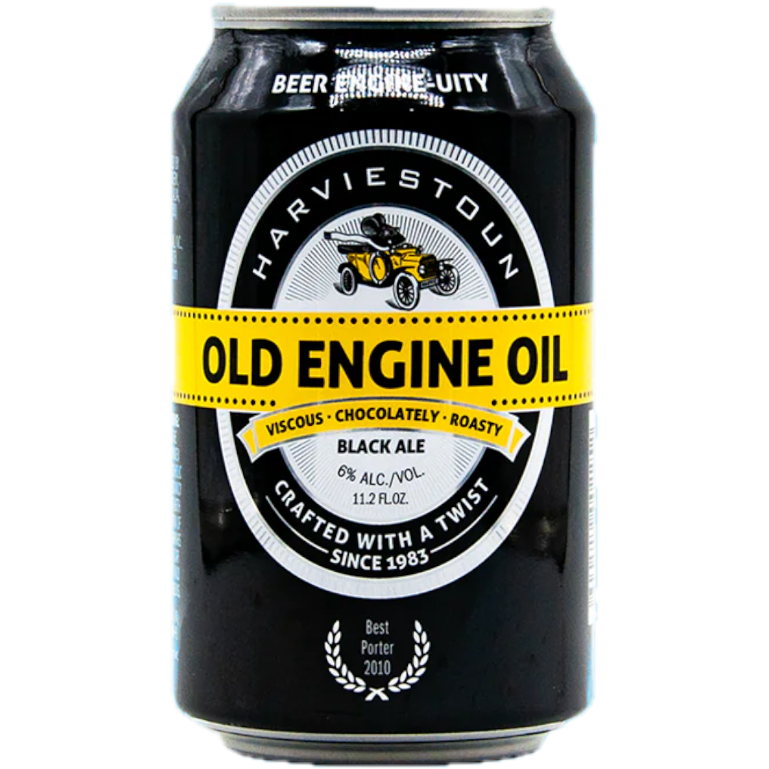 Stowe Public House & Bottle Shop Harviestoun Old Engine Oil black ale can. Features a vintage car graphic and yellow band.