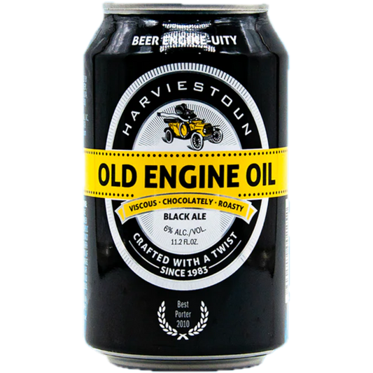 Stowe Public House & Bottle Shop Harviestoun Old Engine Oil black ale can. Features a vintage car graphic and yellow band.