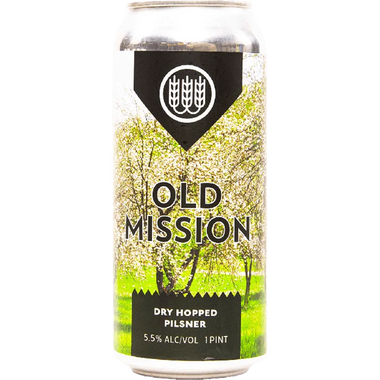 Stowe Public House & Bottle Schilling Old Mission dry hopped pilsner can with a floral, vineyard-inspired label.