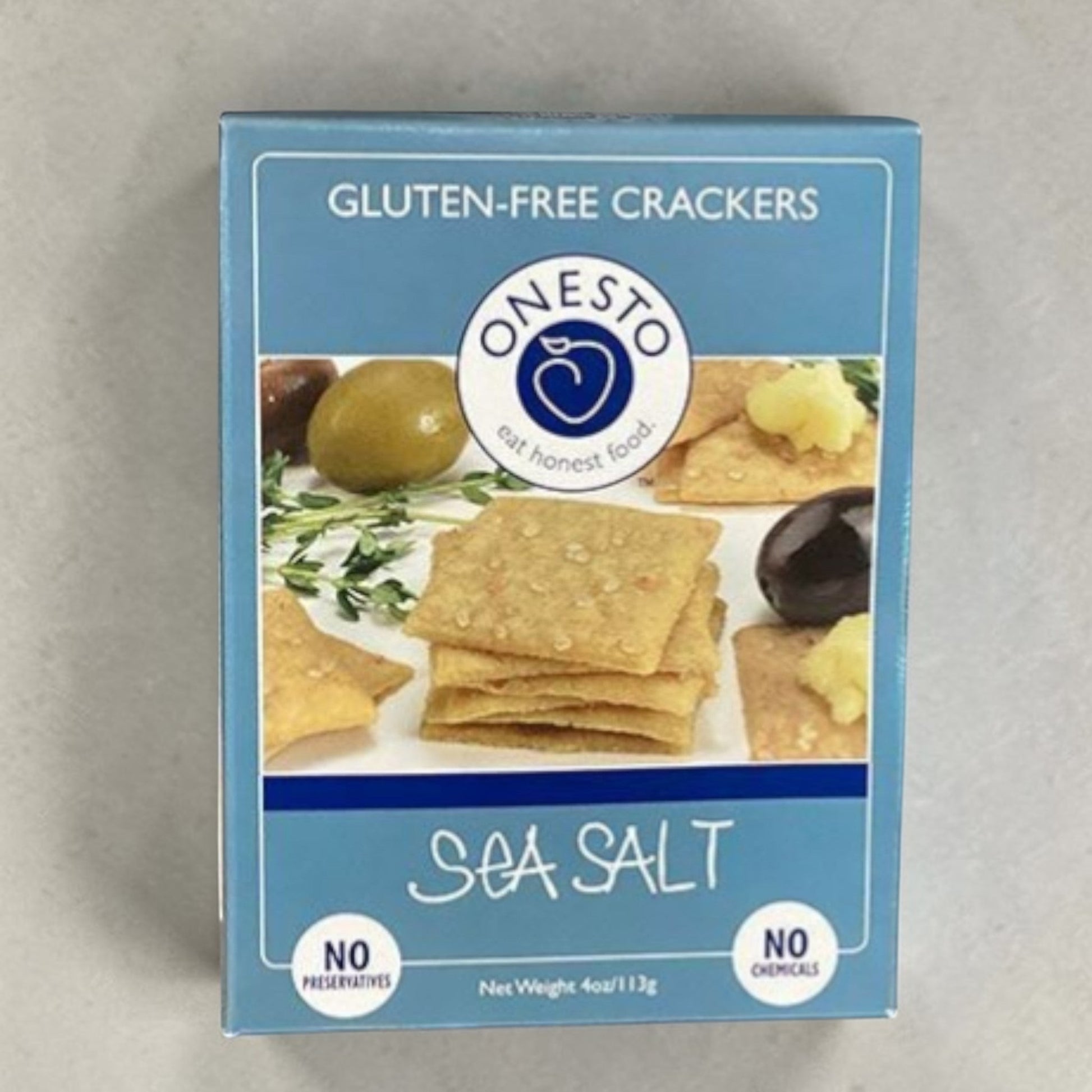 Stowe Public House & Bottle Shop Onesto Gluten Free Sea Salt crackers made with almond and brown rice flour. No preservatives or chemicals.