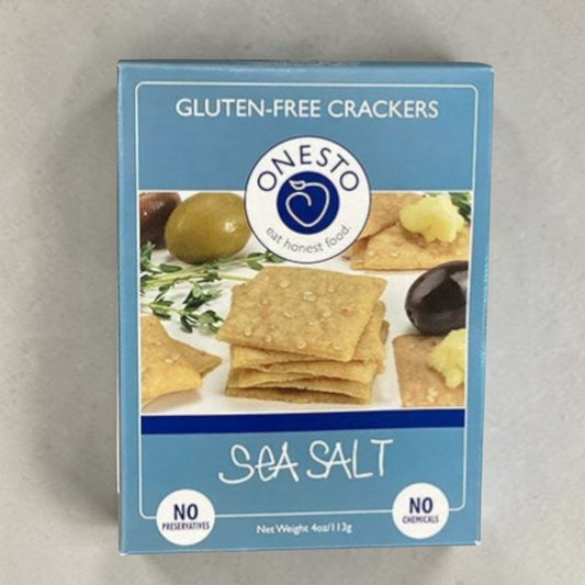 Stowe Public House & Bottle Shop Onesto Gluten Free Sea Salt crackers made with almond and brown rice flour. No preservatives or chemicals.
