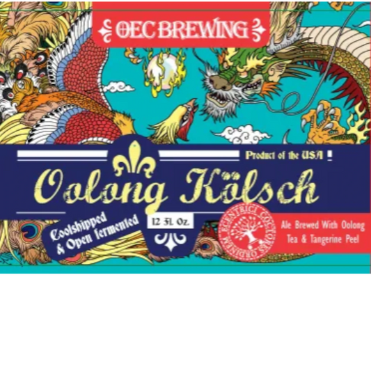 Stowe Public House Oolong Kölsch beer label with a dragon and phoenix illustration, brewed with Oolong tea and tangerine peel.
