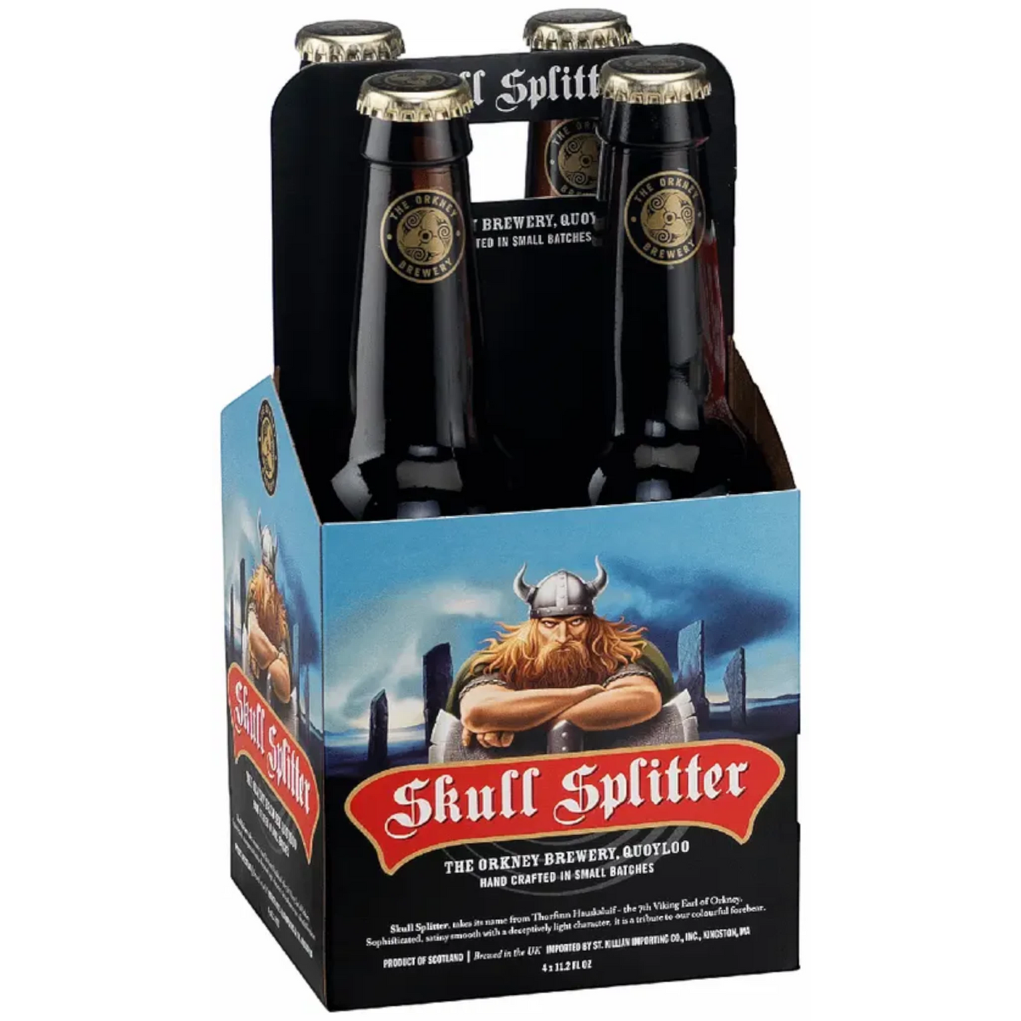 Stowe Public House & Bottle Shop: 4-pack of Orkney Brewery Skull Splitter dark ale beer bottles with Viking imagery.