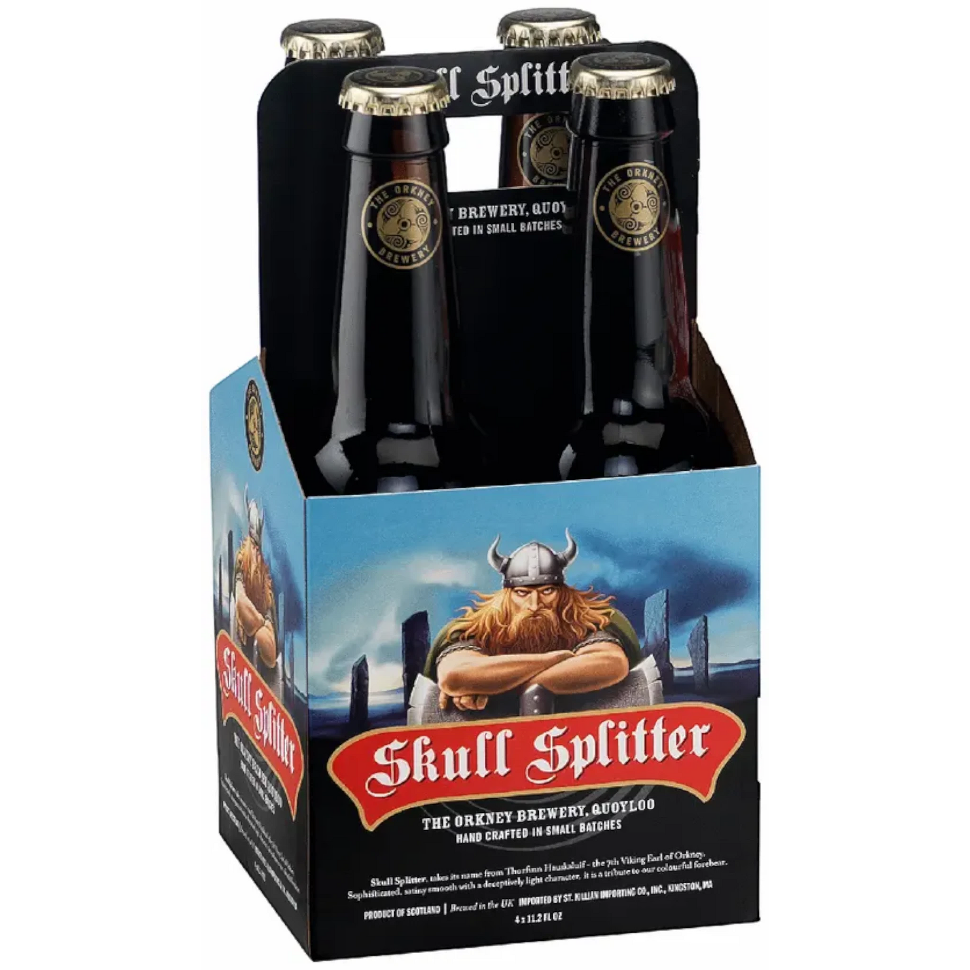Stowe Public House & Bottle Shop: 4-pack of Orkney Brewery Skull Splitter dark ale beer bottles with Viking imagery.