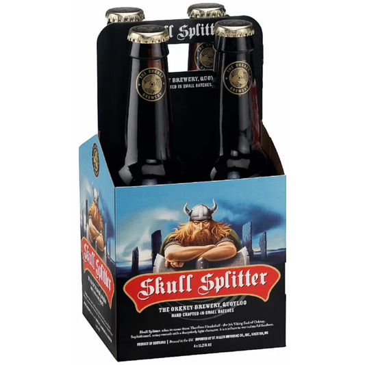Stowe Public House & Bottle Shop: 4-pack of Orkney Brewery Skull Splitter dark ale beer bottles with Viking imagery.
