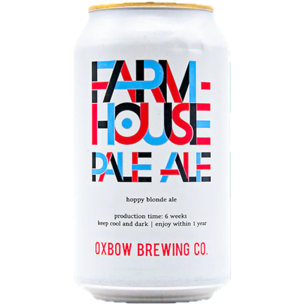 Stowe Public House & Bottle Shop Oxbow Brewing Farmhouse Pale Ale can. Dry, hoppy blonde ale with bold red, blue, and black lettering.