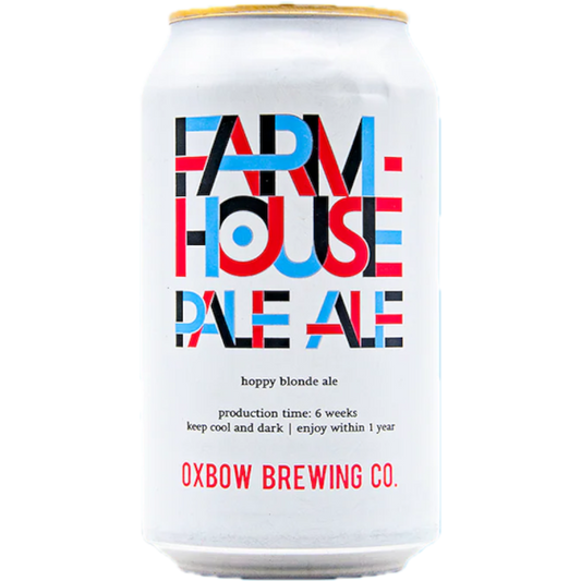 Stowe Public House & Bottle Shop Oxbow Brewing Farmhouse Pale Ale can. Dry, hoppy blonde ale with bold red, blue, and black lettering.