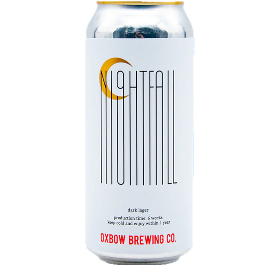Stowe Public House & Bottle Shop Oxbow Brewing Nightfall dark lager can. Brewed with flaked barley and midnight wheat.