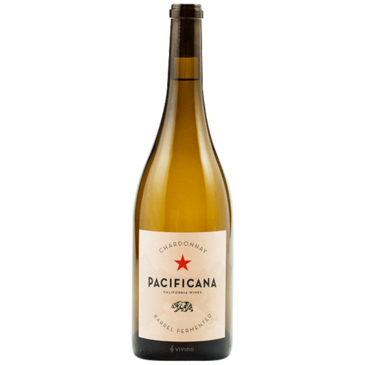 Stowe Public House & Bottle Shop Pacificana Chardonnay wine bottle, barrel fermented California wine with a red star and bear graphic.