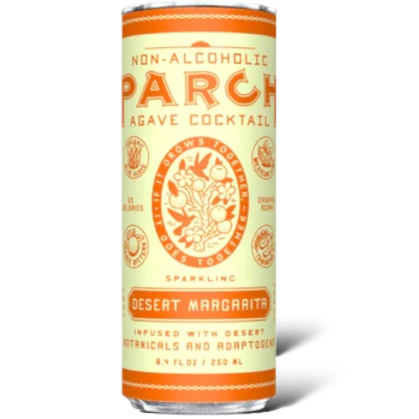 Stowe Public House & Bottle Shop Parch Desert Margarita non-alcoholic agave cocktail can with orange and cream design.
