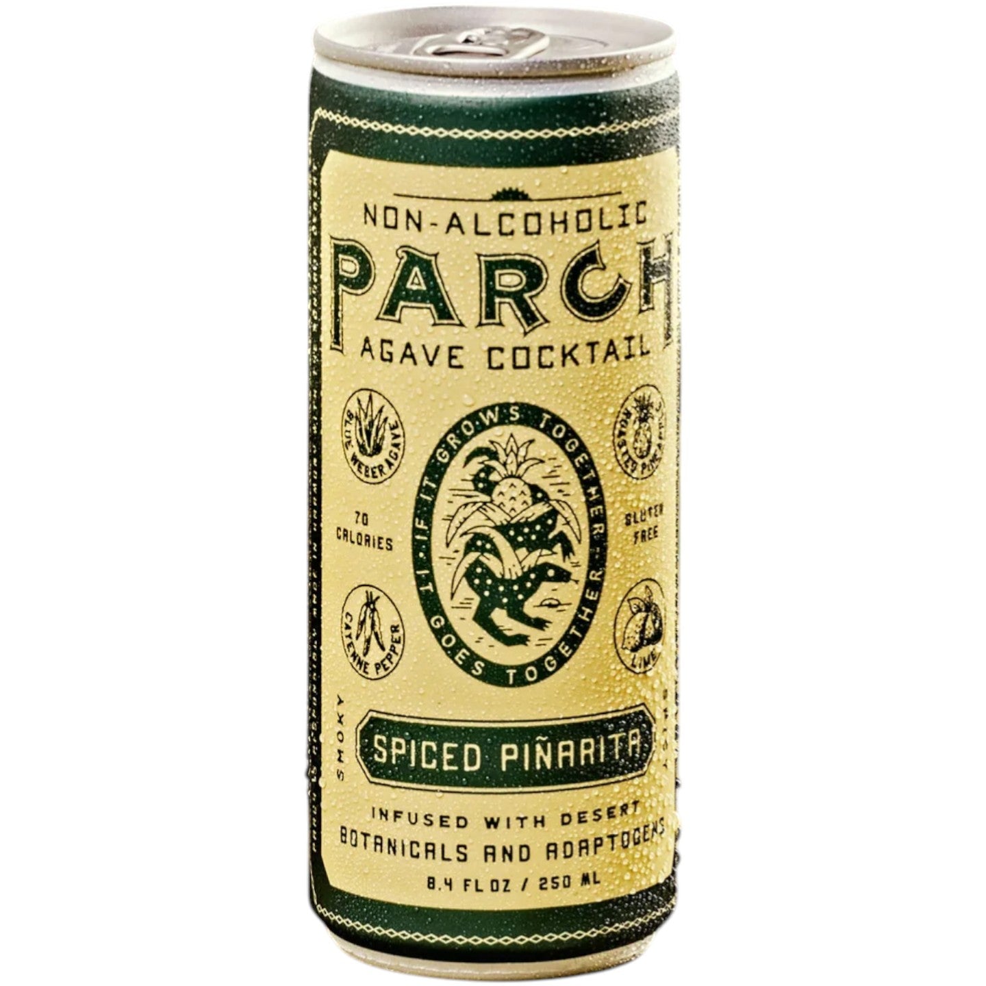 Stowe Public House & Bottle Shop Parch Spiced Piñarita non-alcoholic agave cocktail can with pineapple, cayenne, and adaptogens.