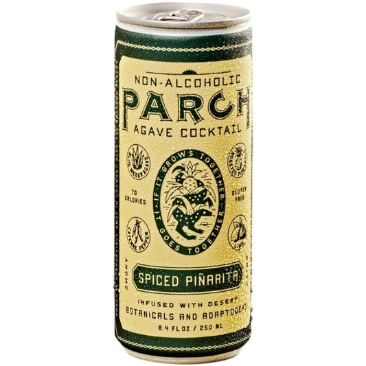Stowe Public House & Bottle Shop Parch Spiced Piñarita non-alcoholic agave cocktail can with pineapple, cayenne, and adaptogens.