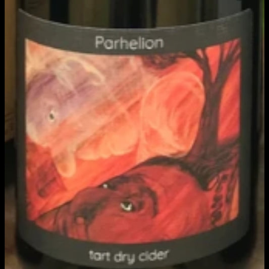 Stowe Public House & Bottle Shop Parhelion Dry cider bottle with abstract art label featuring fiery colors and stylized animals.