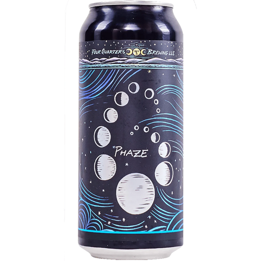 Stowe Public House Phaze IPA beer can with moon phases and blue wave design. Brewed by Four Quarters Brewing LLC.