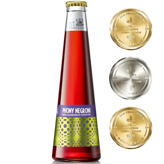 Stowe Public House & Bottle Shop's St. Agrestis Phony Negroni non-alcoholic cocktail in a glass bottle with awards.