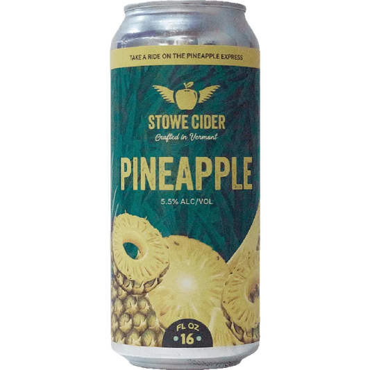 Stowe Cider Pineapple: 16 fl oz can with 5.5% ABV, featuring pineapple imagery and green leaf background.