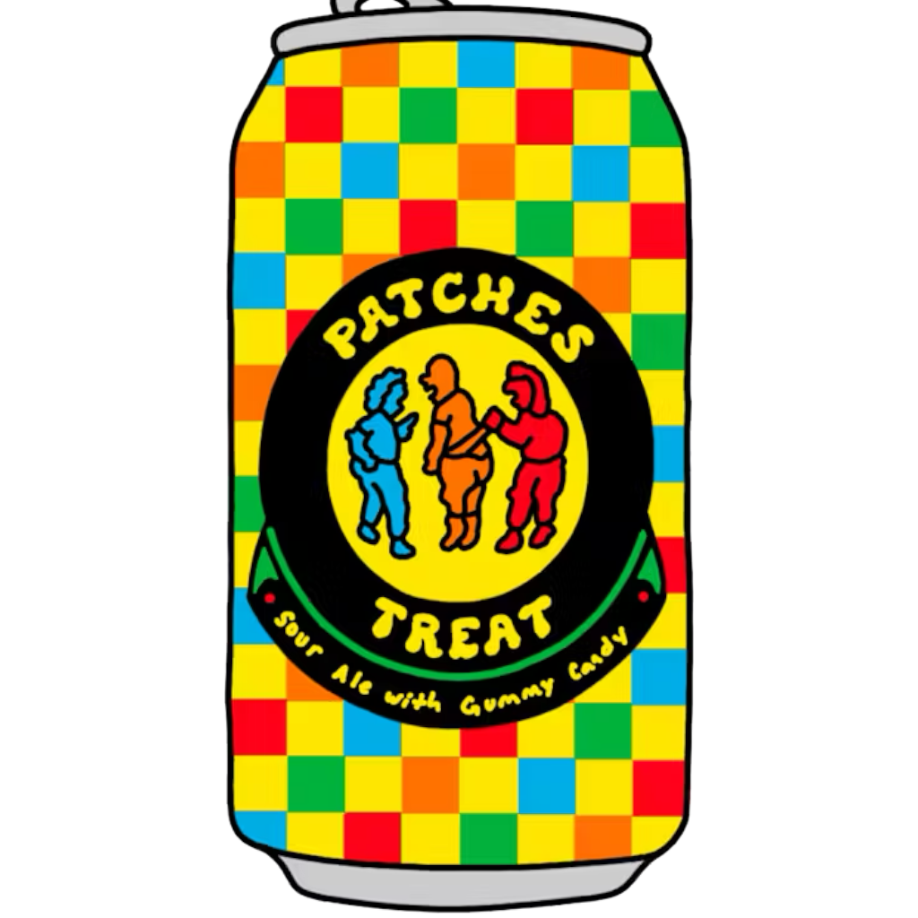 Stowe Public House & Bottle Prairie Artisan Patches Sour Ale with Gummy Candy can. Features a checkered pattern and cartoon figures.