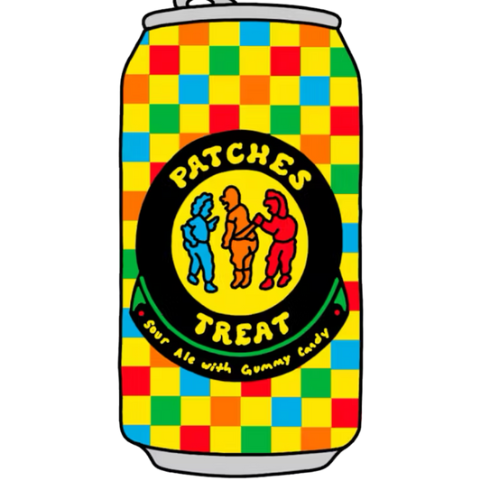Stowe Public House & Bottle Prairie Artisan Patches Sour Ale with Gummy Candy can. Features a checkered pattern and cartoon figures.