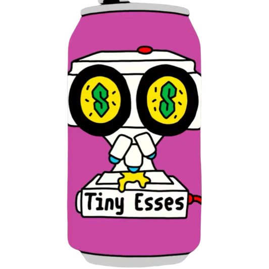 Stowe Public House & Bottle Prairie Artisan Tiny Esses sour ale can with cartoon robot face and Skittles candy design.