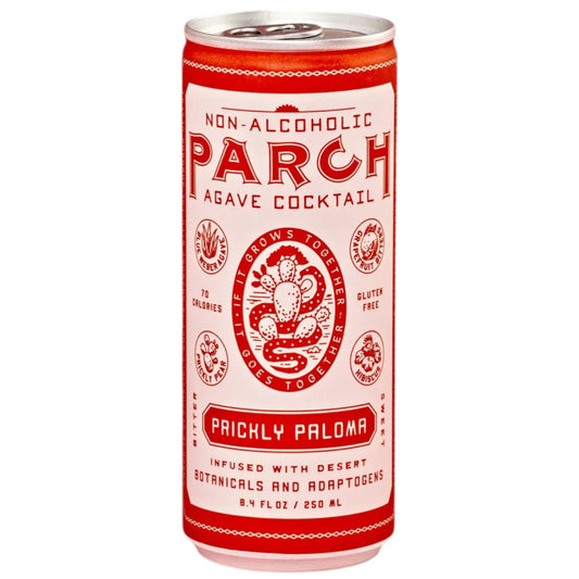 Stowe Public House Prickly Paloma non-alcoholic agave cocktail can with cactus and hibiscus graphics.