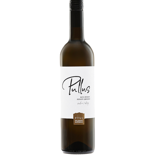Stowe Public House & Bottle Shop Pullus Pinot Grigio white wine bottle, dry, from Slovenia.