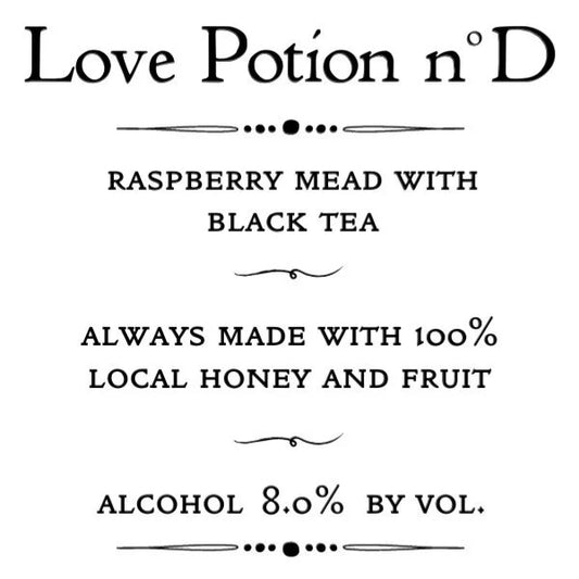Stowe Public House & Bottle Shop Love Potion n°D raspberry mead with black tea, 8.0% ABV, made with local honey and fruit.
