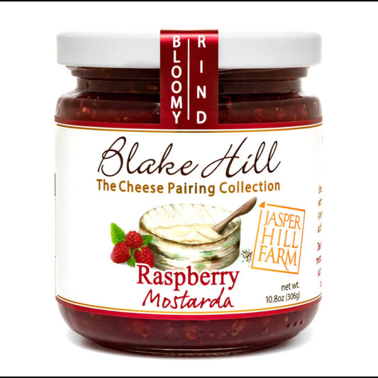 Stowe Public House & Bottle Shop Blake Hill Raspberry Mostarda Jam with raspberries and cheese pairing illustration.