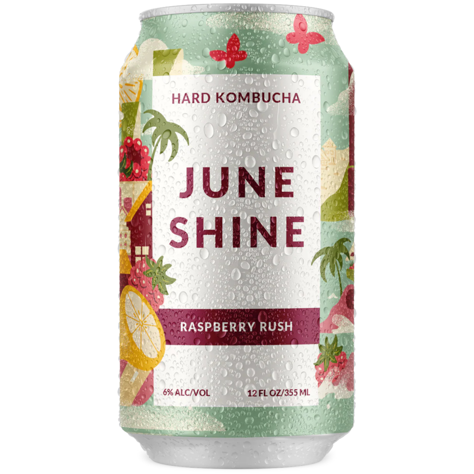 Stowe Public House & Bottle Shop JuneShine Raspberry Rush hard kombucha can with raspberry and lemon illustrations.