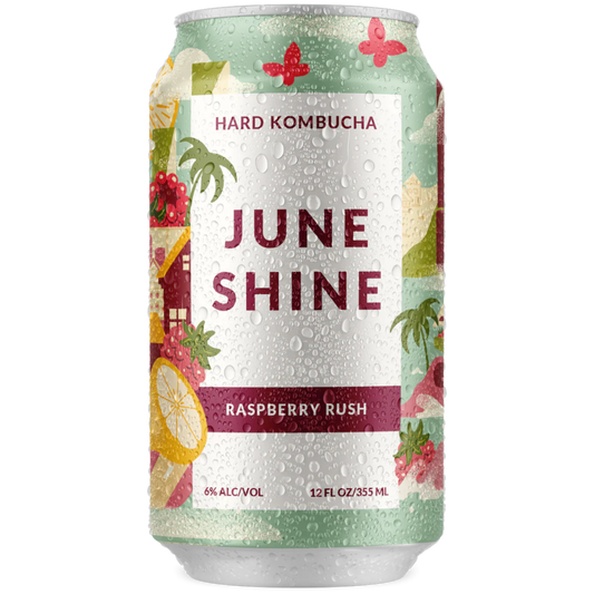 Stowe Public House & Bottle Shop JuneShine Raspberry Rush hard kombucha can with raspberry and lemon illustrations.