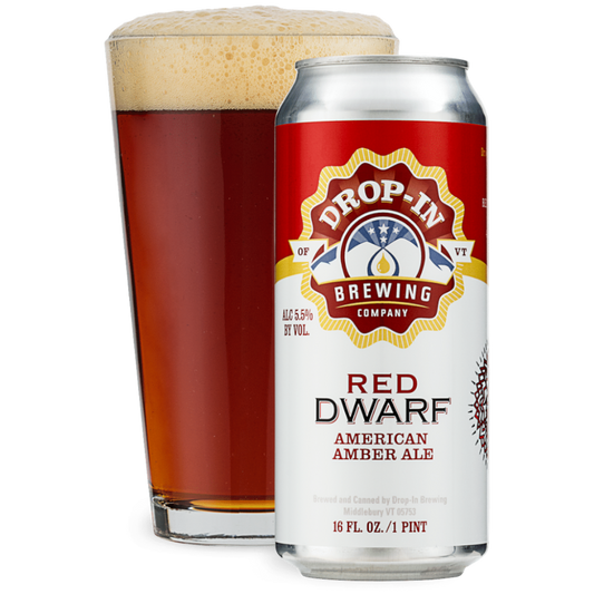Stowe Public House & Bottle Shop Red Dwarf American Amber Ale can and glass. Amber ale with citrusy, floral notes.