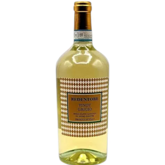 Stowe Public House & Bottle Shop Redentore Pinot Grigio white wine bottle with gold foil top and diamond pattern label.