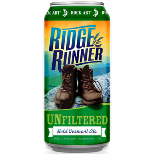 Stowe Public House & Bottle Shop Ridge Runner Unfiltered Bold Vermont Ale can with hiking boots on a mountain.