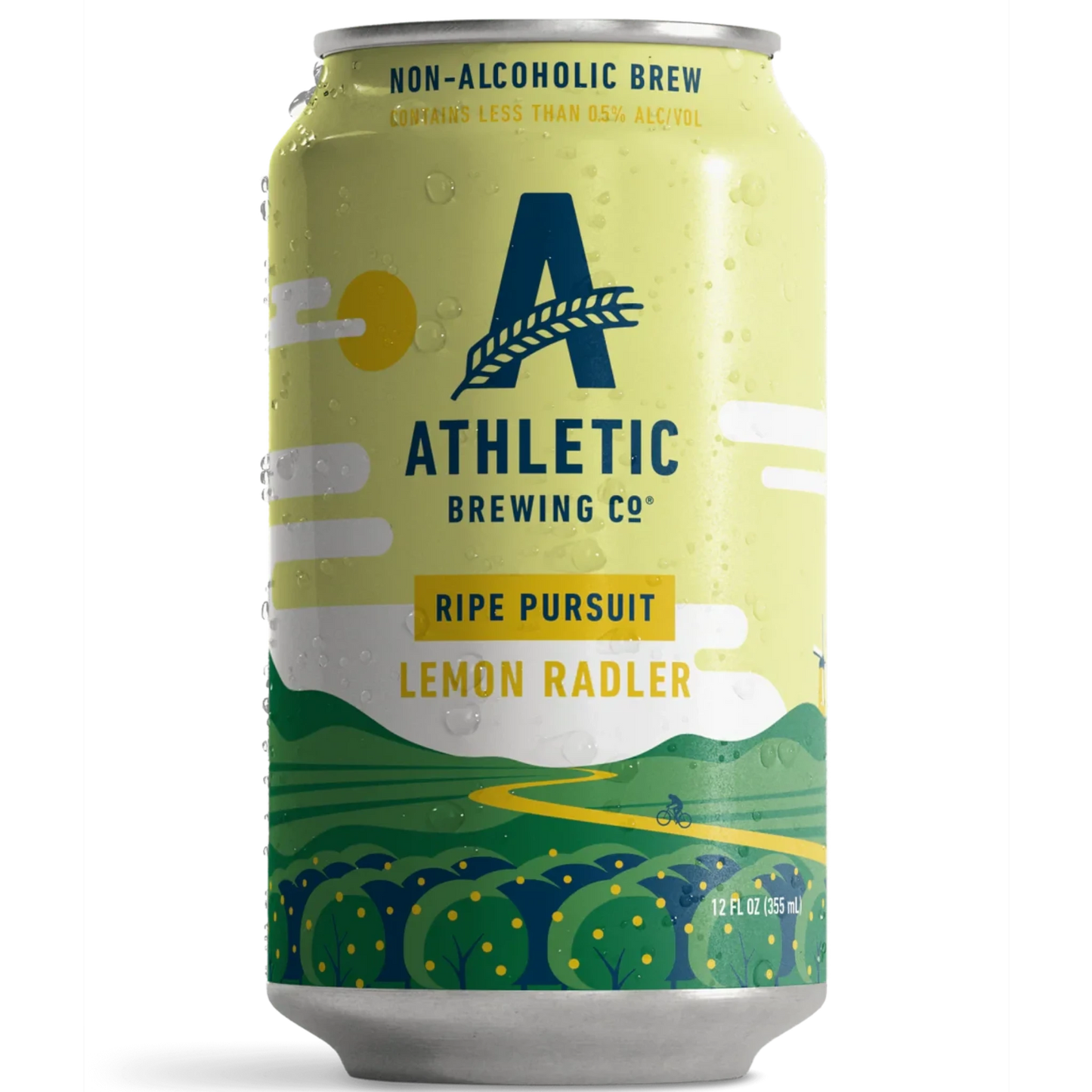 Stowe Public House & Bottle Shop Ripe Pursuit Lemon Radler non-alcoholic brew can with a yellow and green landscape design.