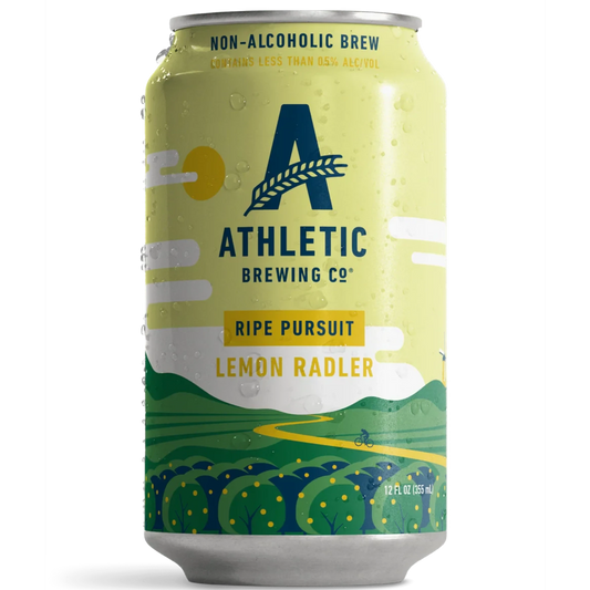 Stowe Public House & Bottle Shop Ripe Pursuit Lemon Radler non-alcoholic brew can with a yellow and green landscape design.