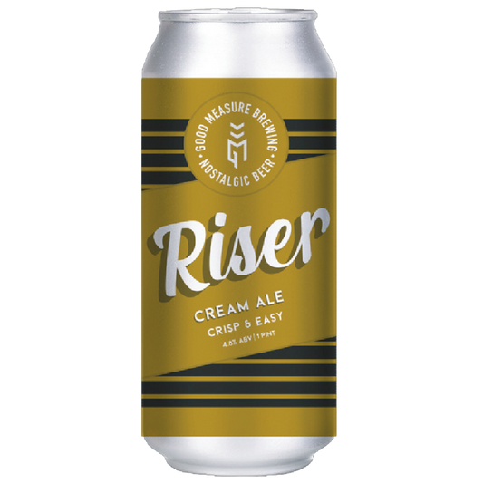 Stowe Public House & Bottle Shop Good Measure Early Riser Cream Ale can. Gold and black design with white text.
